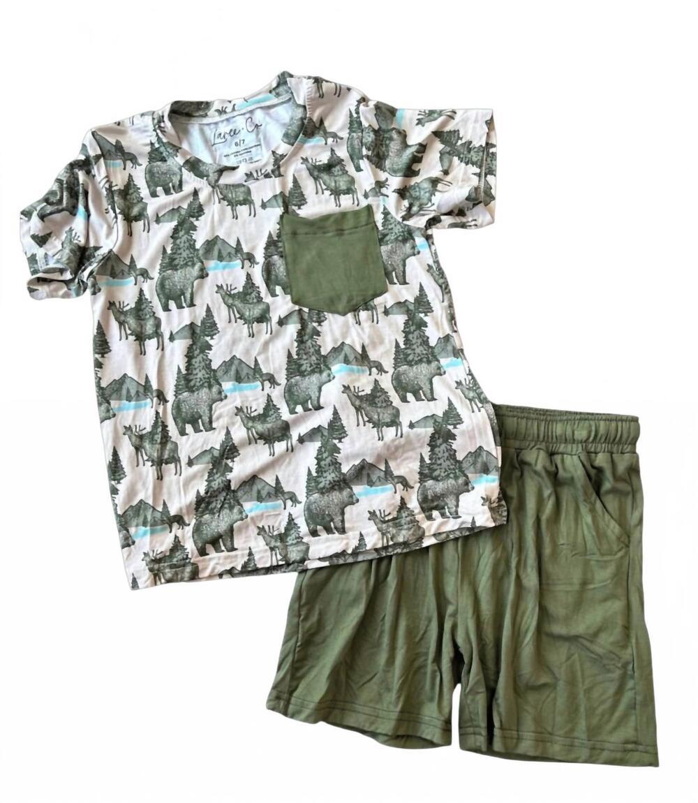 NEW LAREE + CO. kid's samuel woodland animals bamboo youth tee & shorts set in g